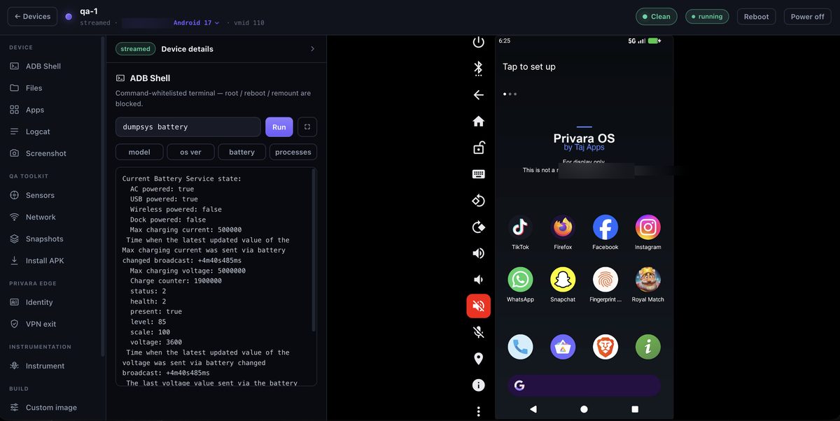 Command-whitelisted ADB shell in the Privara console running dumpsys against a cloud Android device