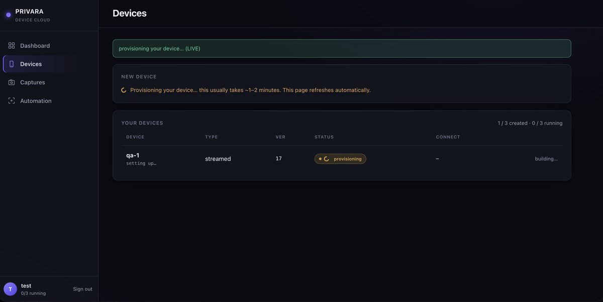 Privara dashboard provisioning a new cloud Android device, showing status and version
