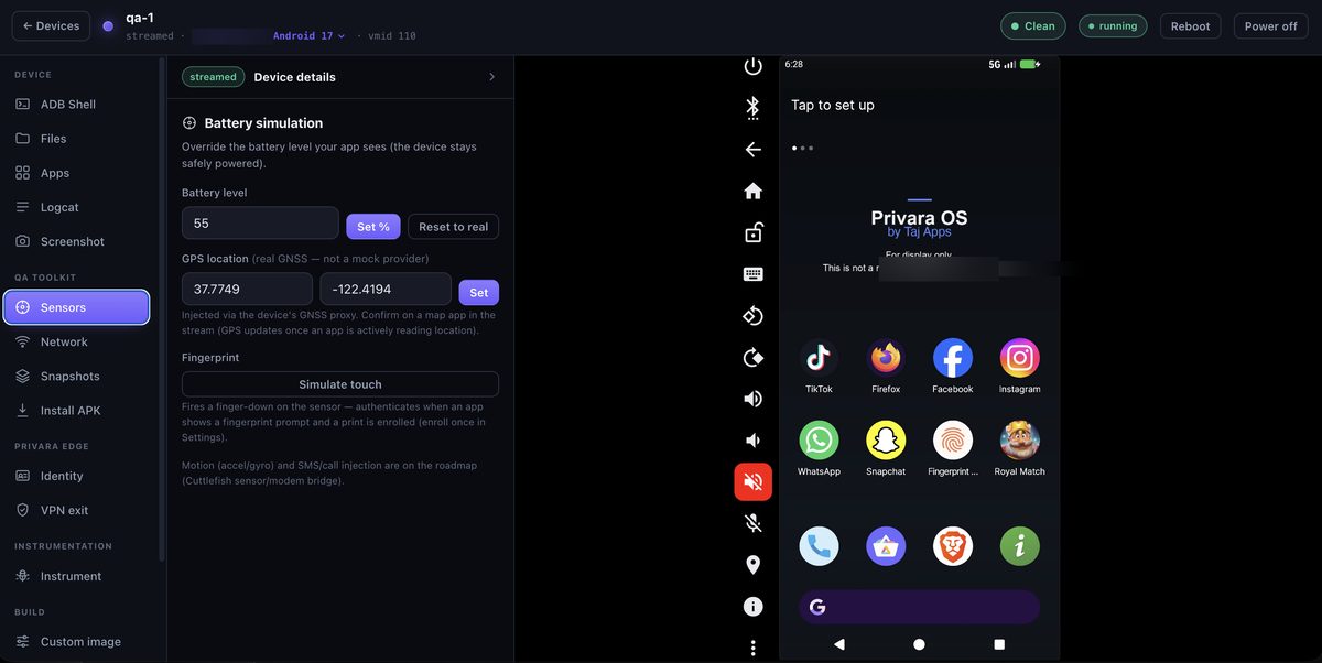 Sensor simulation panel in the Privara console — GPS, motion, battery, network, SMS and fingerprint